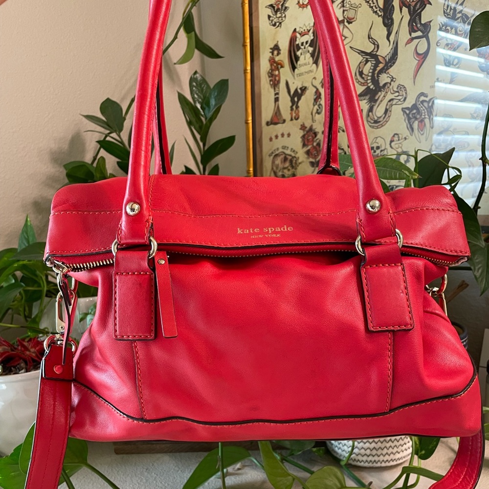 Kate Spade red leather crossbody purse with duster